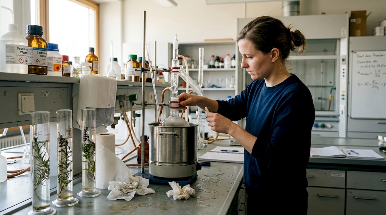 Eine Technikerin gewinnt Duftessenzen aus Pflanzen durch Destillation.