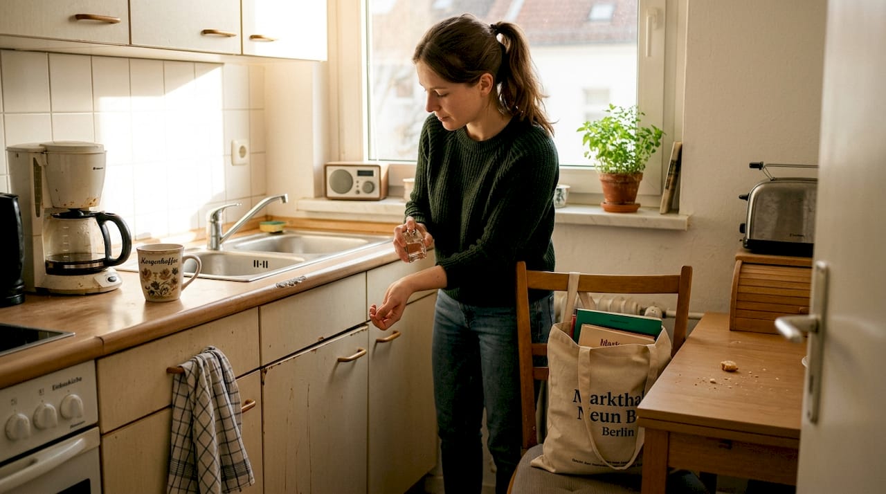 Bevor sie das Haus verlässt, sprüht sich die Frau noch schnell ihr Lieblingsparfum auf.
