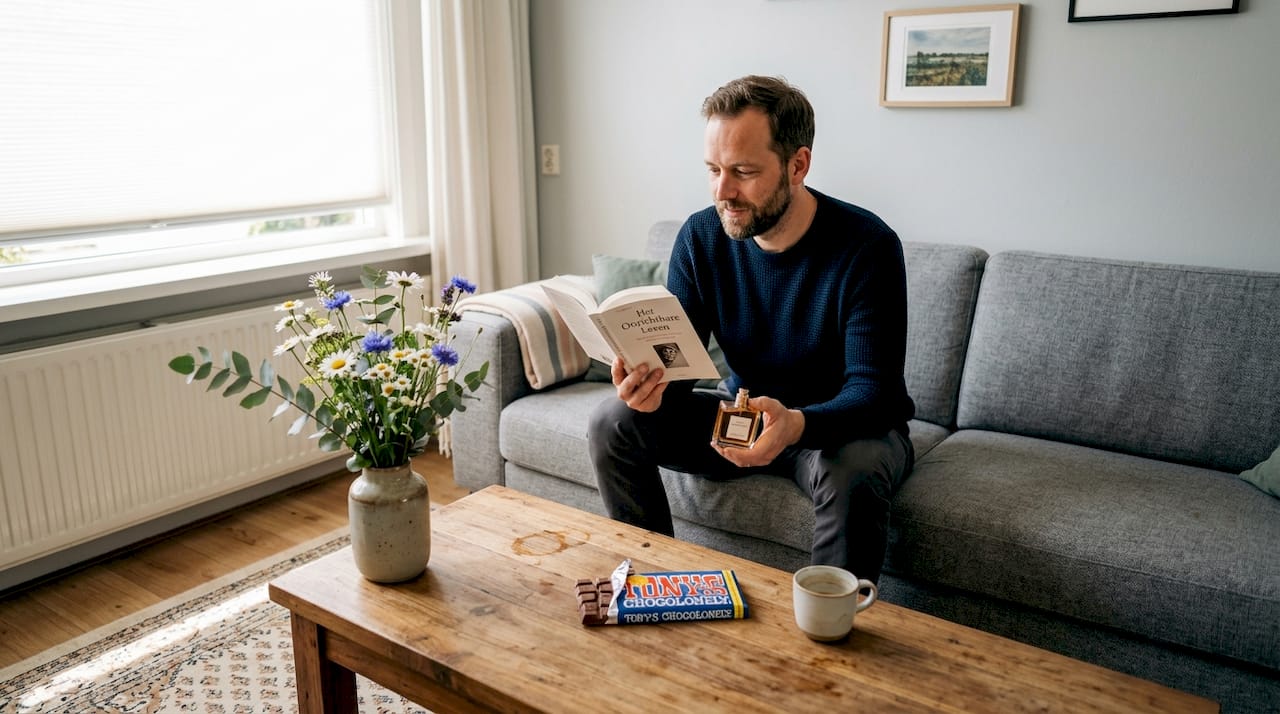 Man zit verdiept in een boek terwijl hij een parfumflesje vasthoudt.