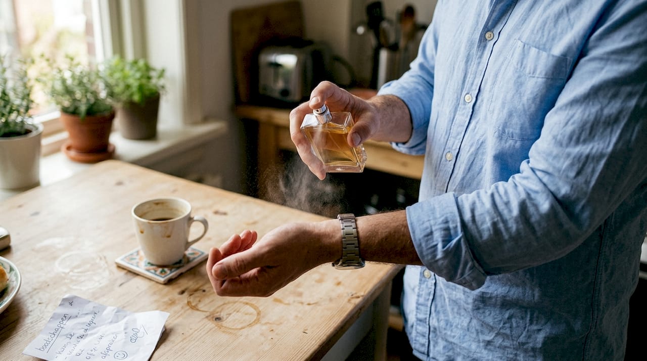 Man sprayt parfum op zijn pols terwijl zijn koffiemok ernaast staat