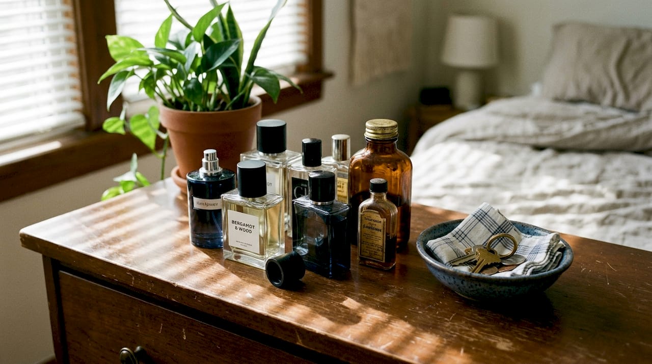 Sonnenstrahlen, die auf den alten Holztisch fallen und die Parfumflakons zum Glitzern bringen.