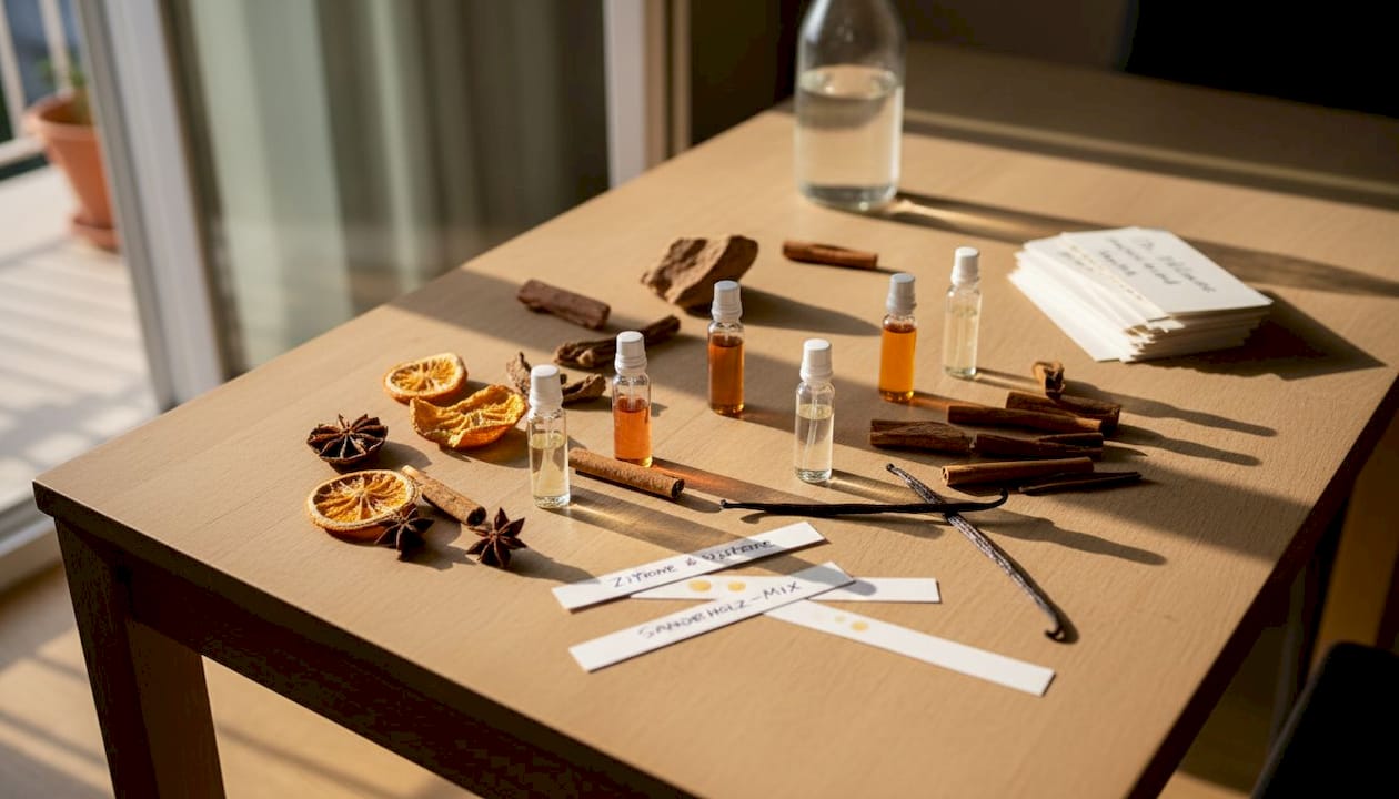 Verschiedene Duftproben und ihre Noten stilvoll auf einem Holztisch arrangiert