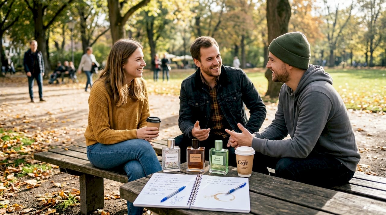 Im Stadtpark unterhalten sich Freunde über ihre Lieblingsdüfte und tauschen Tipps zu Parfums aus.