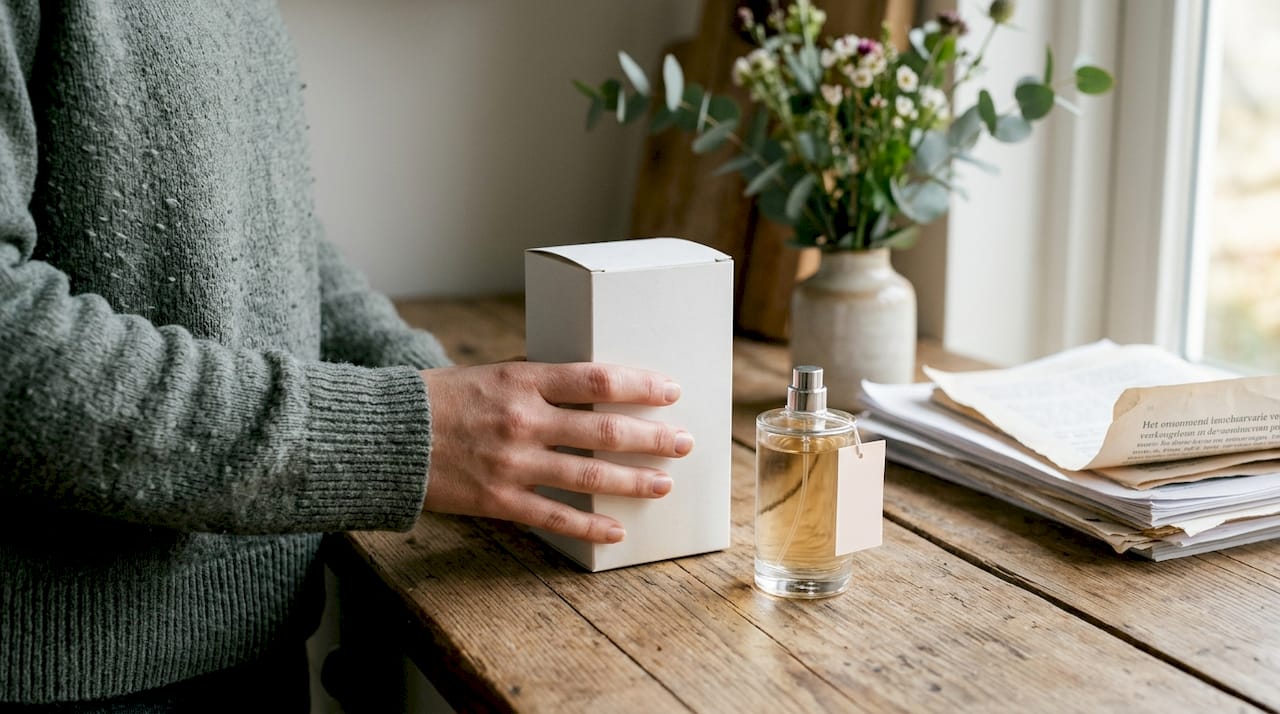 Detailfoto van een parfumtester in een eenvoudige, onopvallende verpakking.