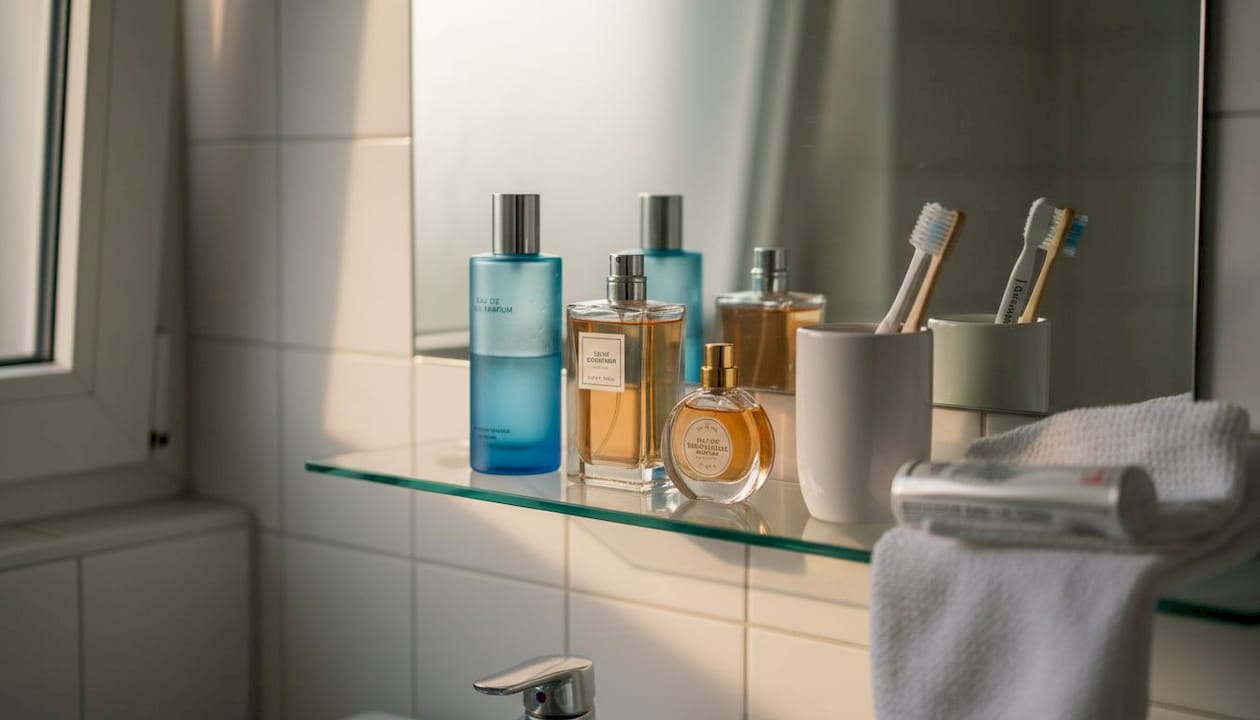 Auf dem Badezimmerregal stehen mehrere unterschiedliche Parfumflakons – jeder bringt seinen eigenen Duft und Stil mit.
