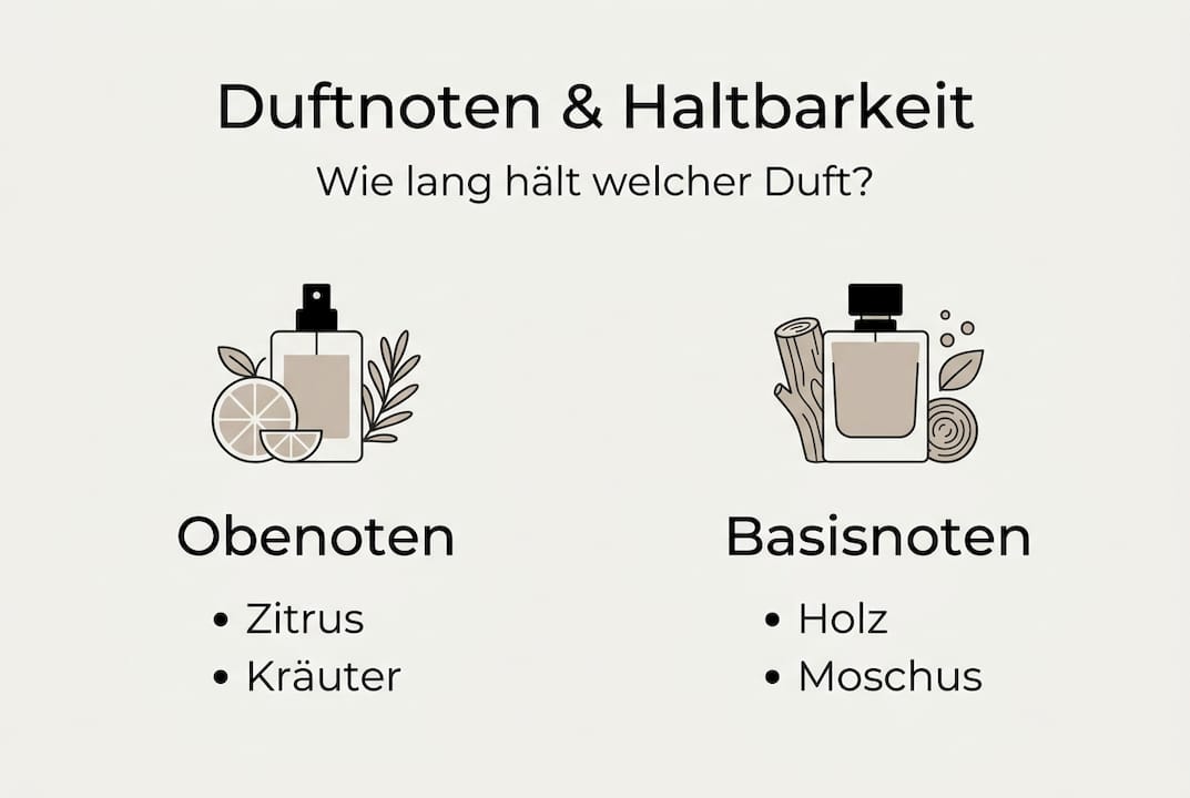 Übersicht der verschiedenen Duftnoten und ihrer jeweiligen Haltbarkeit im Parfum – anschaulich dargestellt in einer Infografik.