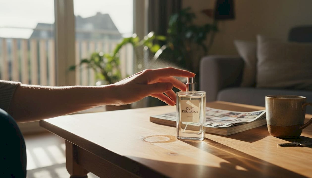 Eine Hand sprüht Parfüm auf das eigene Handgelenk.