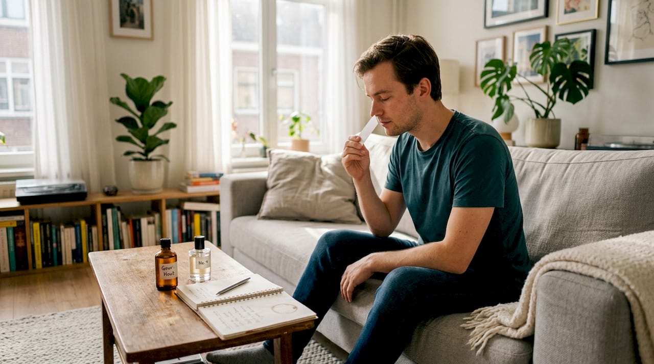 Een man probeert verschillende geuren uit in zijn eigen huis.