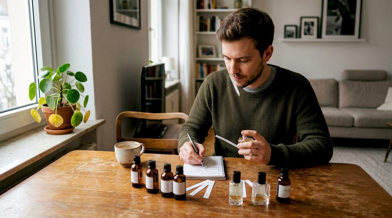 Ein Mann probiert verschiedene Unisex-Parfüm-Alternativen an einem Tisch aus.