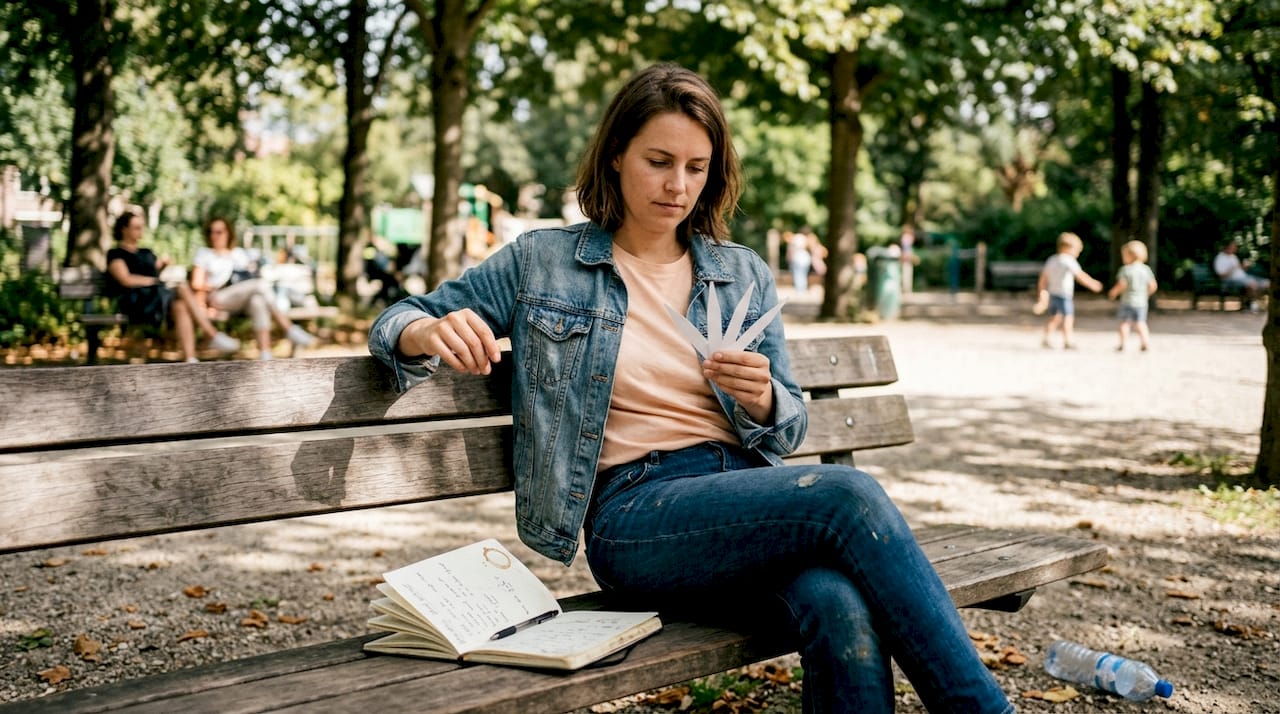 Op een bankje in het park zit een vrouw verschillende parfumstaaltjes uit te proberen.