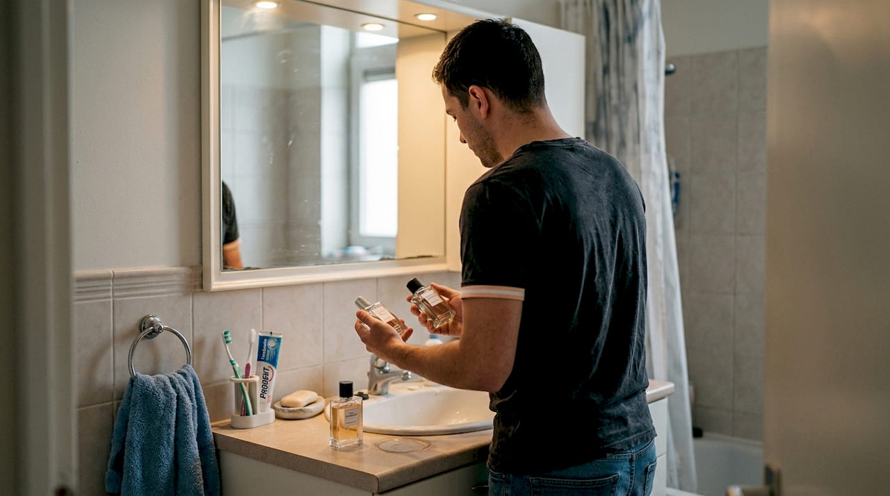 Man die tijdens zijn ochtendroutine in de badkamer verschillende geurtjes naast elkaar houdt om te bepalen welke het beste bij zijn dag past.