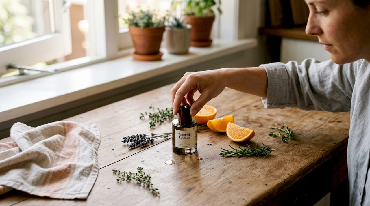 Een hand houdt een parfumflesje vast, naast versgesneden citrusvruchten op tafel.