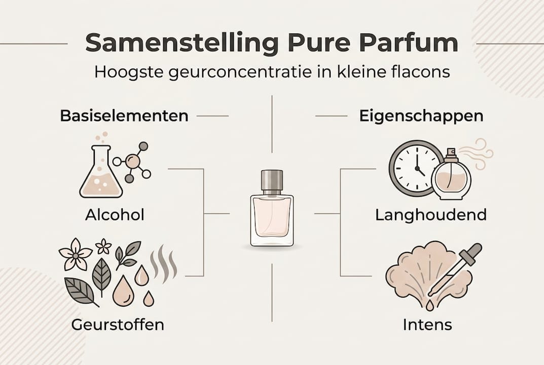 Overzichtelijke infographic met de belangrijkste kenmerken en ingrediënten van puur parfum