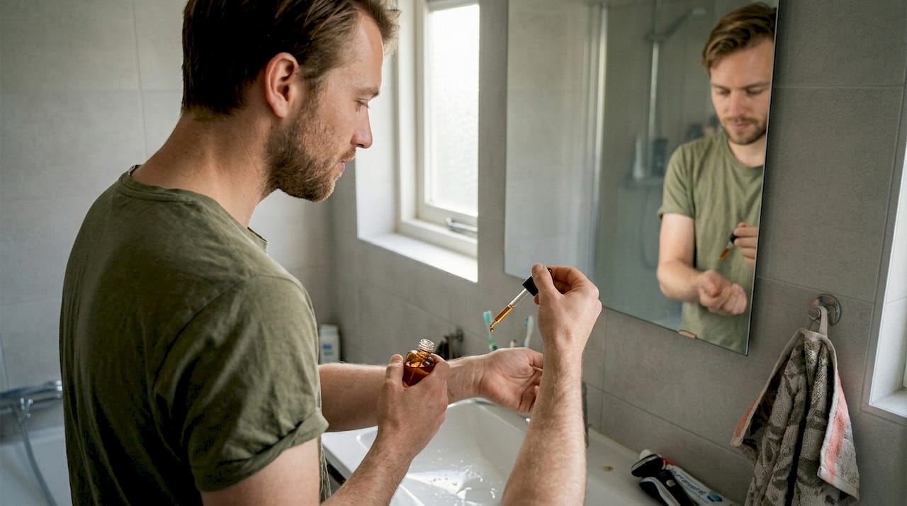 In de badkamer sprayt een man wat parfum op.