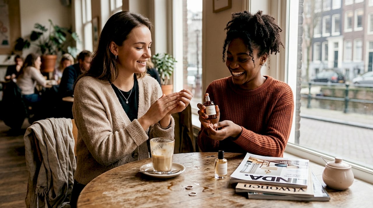 Twee mensen proberen parfum uit op verschillende huidtypes om te zien hoe de geur zich ontwikkelt.