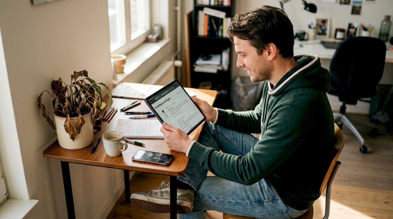 Een man bladert op zijn tablet door de reviews van een parfumwebshop.