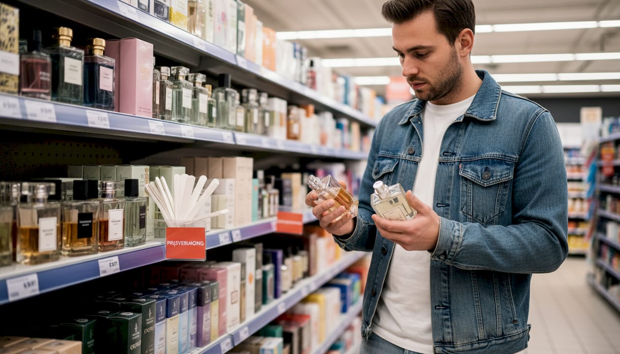 Man test verschillende betaalbare geurtjes uit het schap van de supermarkt