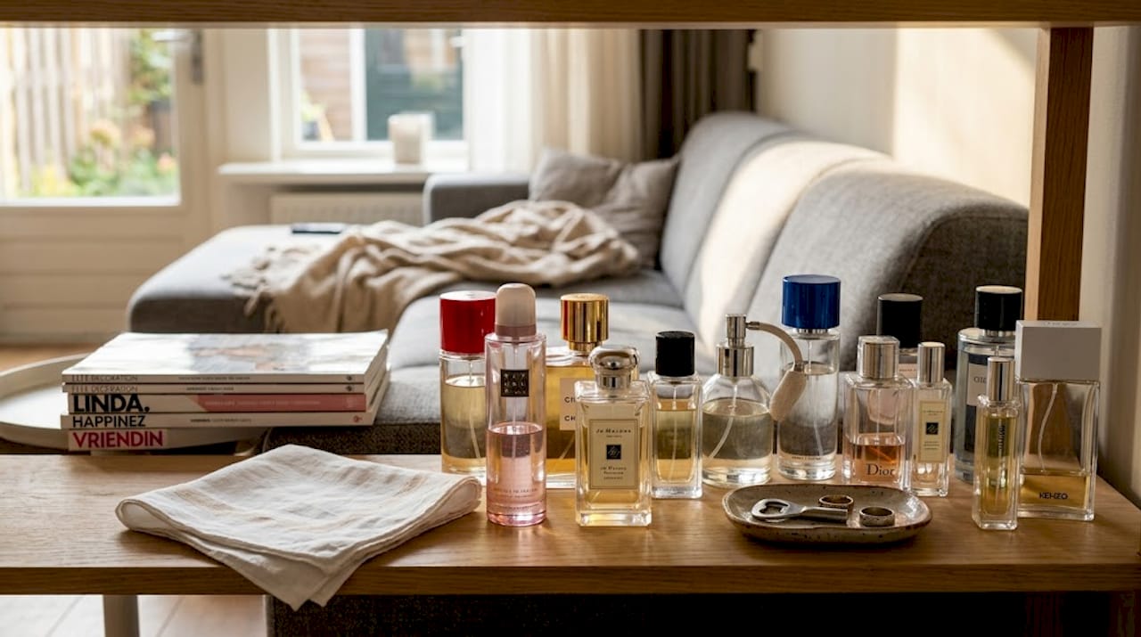Een verzameling parfumflesjes staat uitgestald op de plank in de woonkamer.