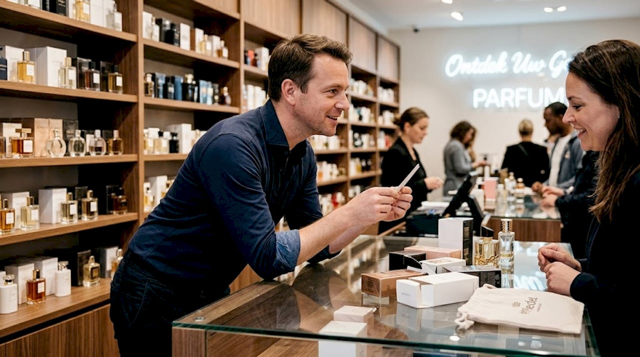 Een medewerker in de parfumerie geeft persoonlijk advies over geuren.