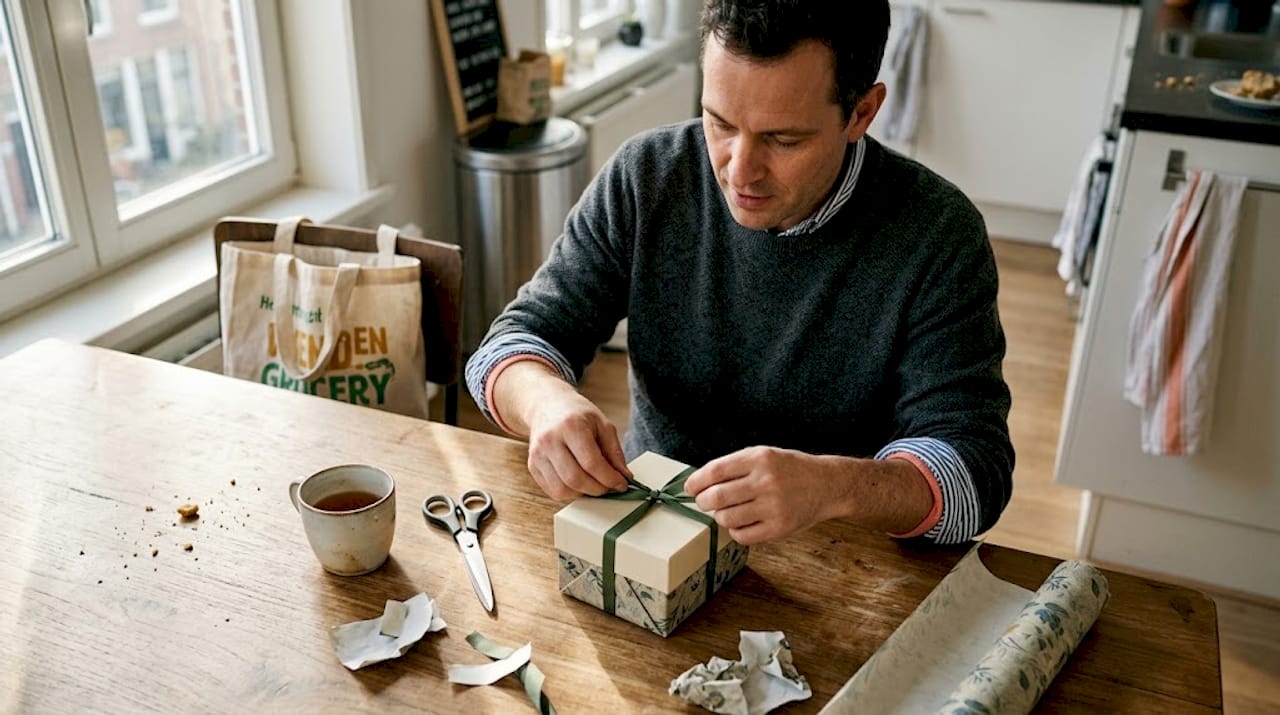 Een man staat in de keuken een flesje parfum als cadeau in te pakken.