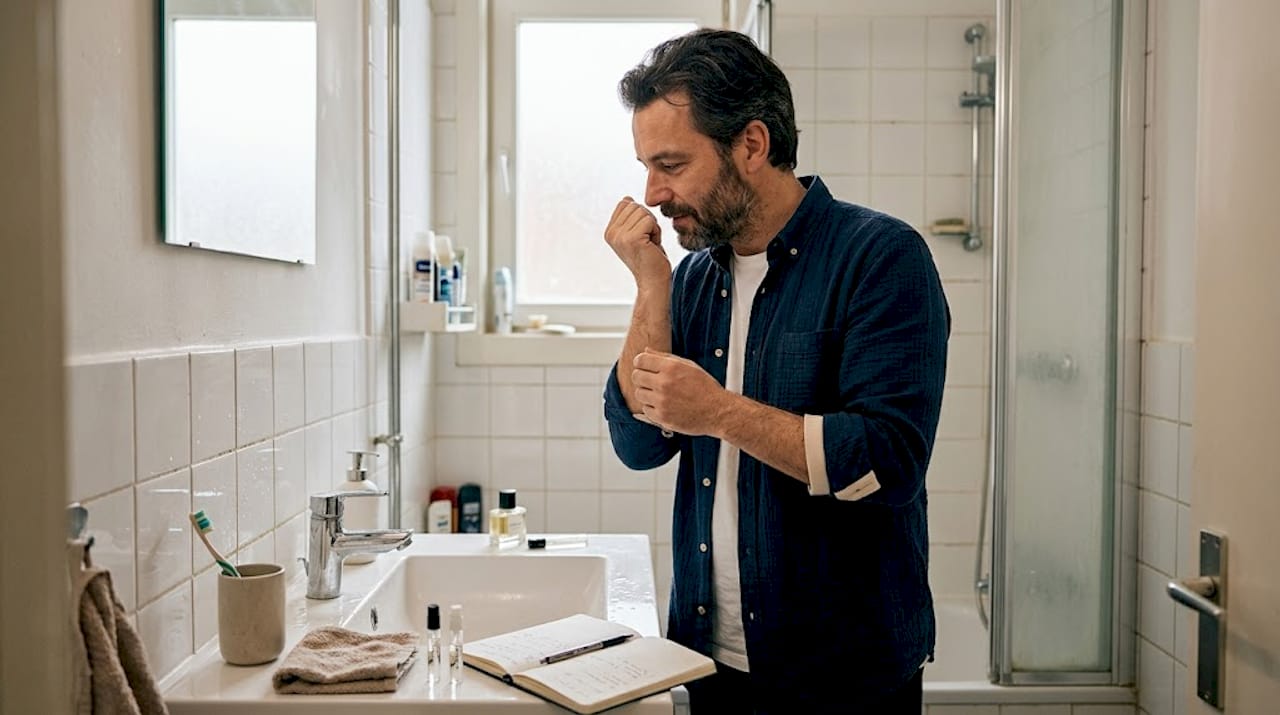 Man test verschillende geuren door ze op beide polsen te sprayen