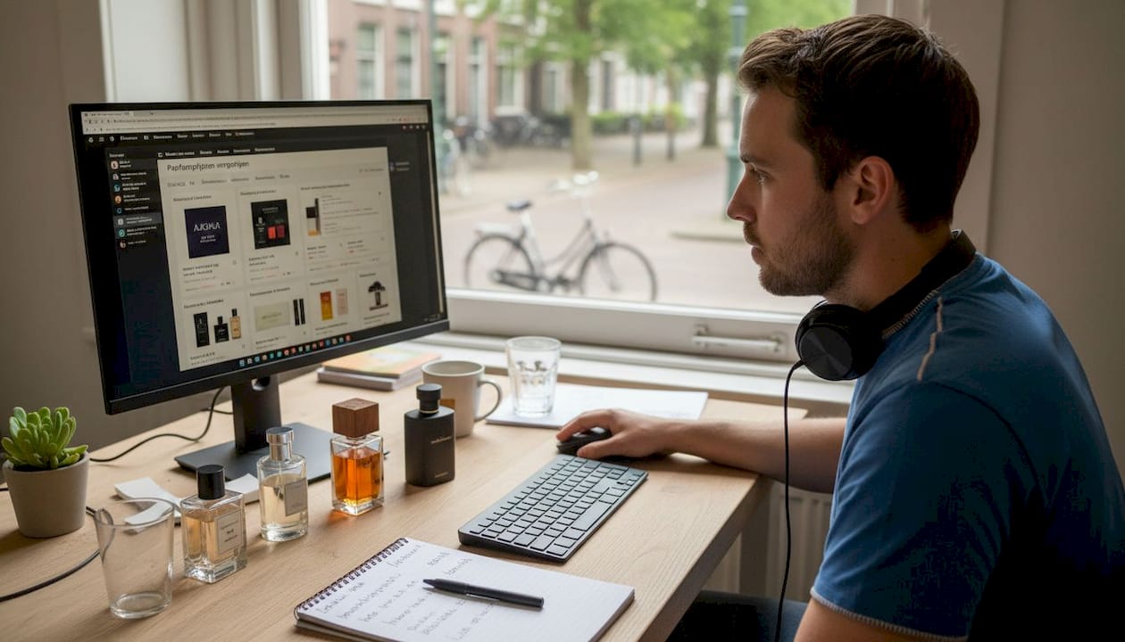 Man zit thuis aan zijn bureau verschillende parfumprijzen met elkaar te vergelijken.