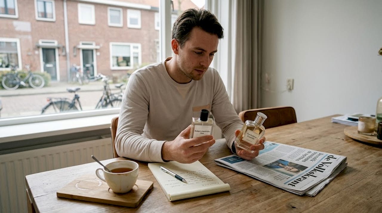 Man staat tegenover elkaar met een originele parfum en een goedkopere variant, en vergelijkt kritisch de geur, kwaliteit en prijs.