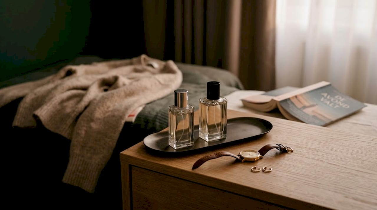 Twee flesjes parfum op een metalen dienblad in de slaapkamer