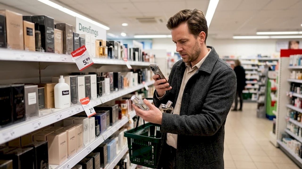 Man bekijkt en vergelijkt verschillende parfumflesjes in de winkel