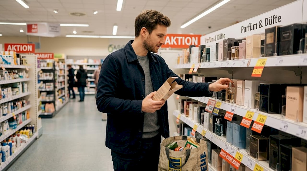 Ein Mann testet verschiedene günstige Düfte in der Drogerie und vergleicht, welcher ihm am besten gefällt.