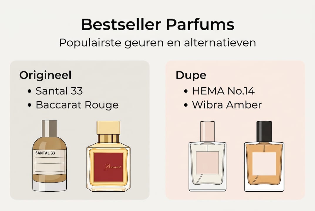 In één oogopslag: de populairste parfums en hun betaalbare alternatieven overzichtelijk in beeld gebracht.