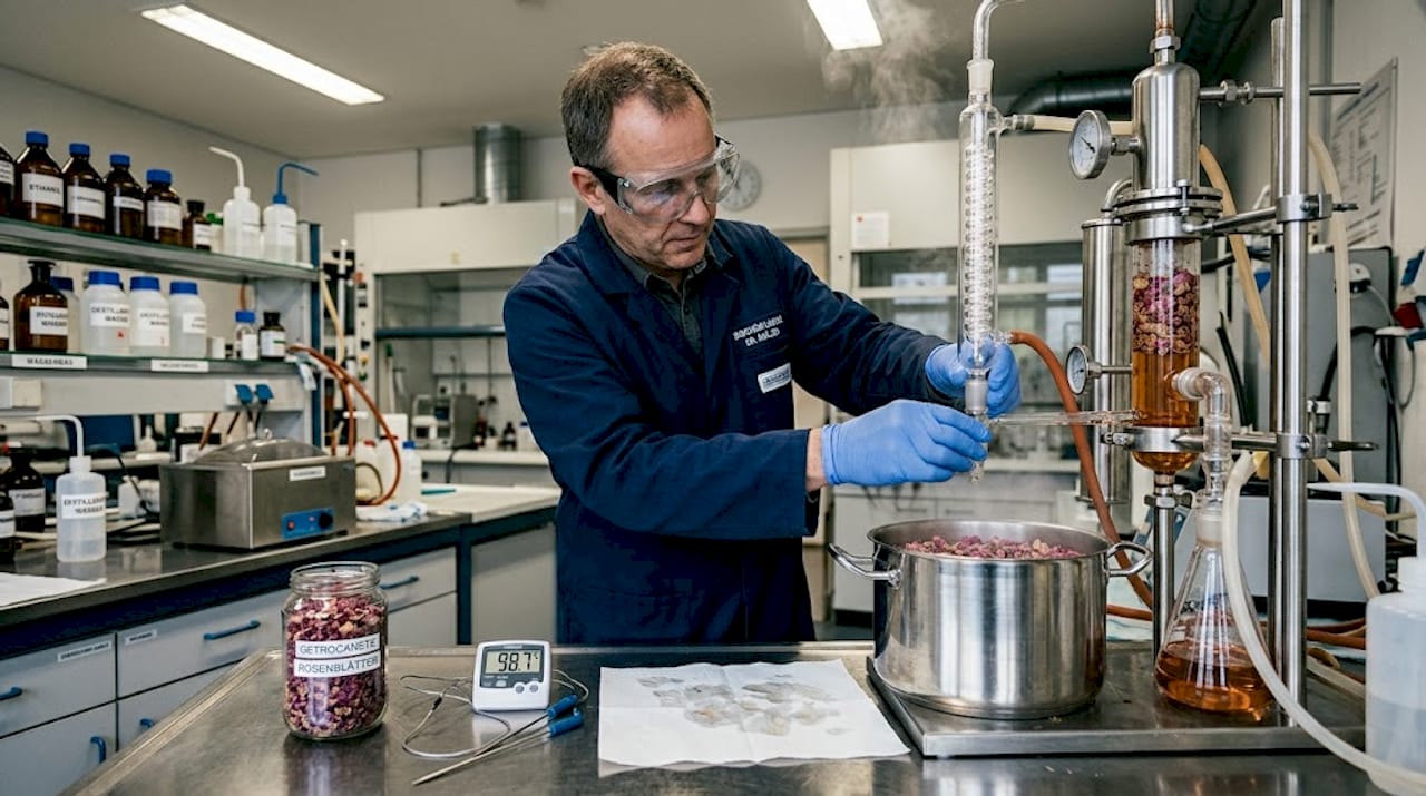Eine Labormitarbeiterin stellt Duftstoffe her, indem sie einzelne Parfümbestandteile destilliert.