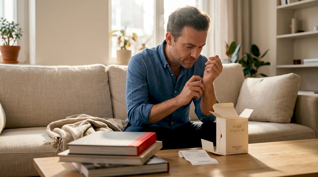 Man probeert een nieuw geurtje uit op zijn pols in de woonkamer.