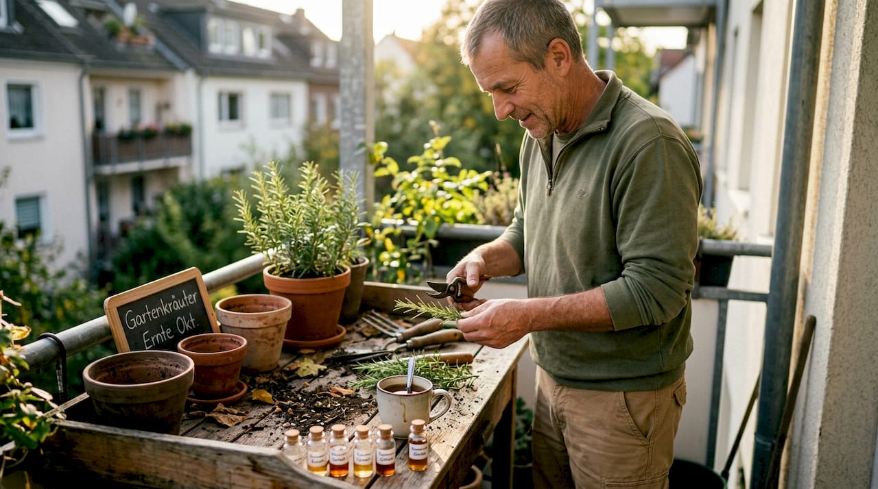 Im eigenen Garten schneidet jemand frischen Rosmarin, um daraus ein duftendes Parfüm herzustellen.