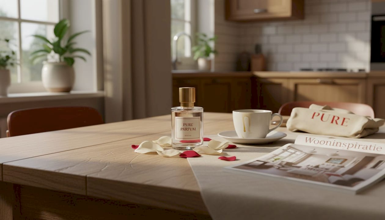 Een parfumflesje met rozenblaadjes staat op de keukentafel.