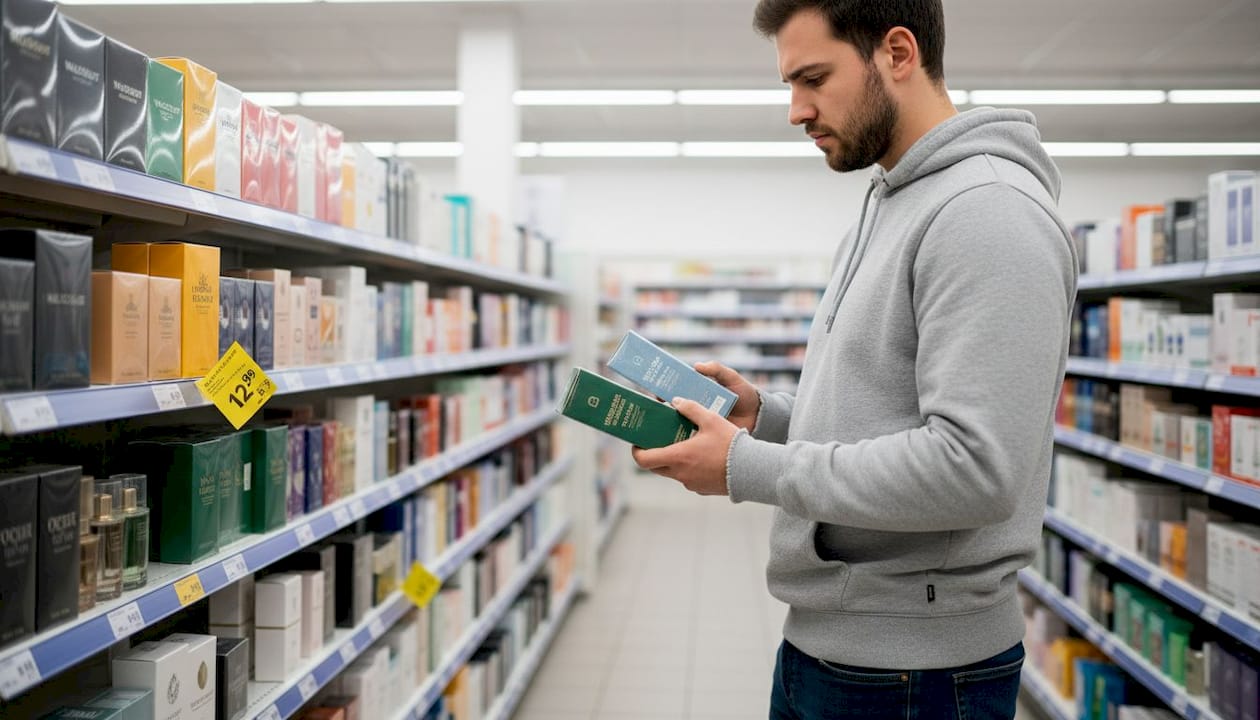Eine Kundin steht im Drogeriemarkt vor dem Regal und testet verschiedene Parfums, um ihren Favoriten zu finden.