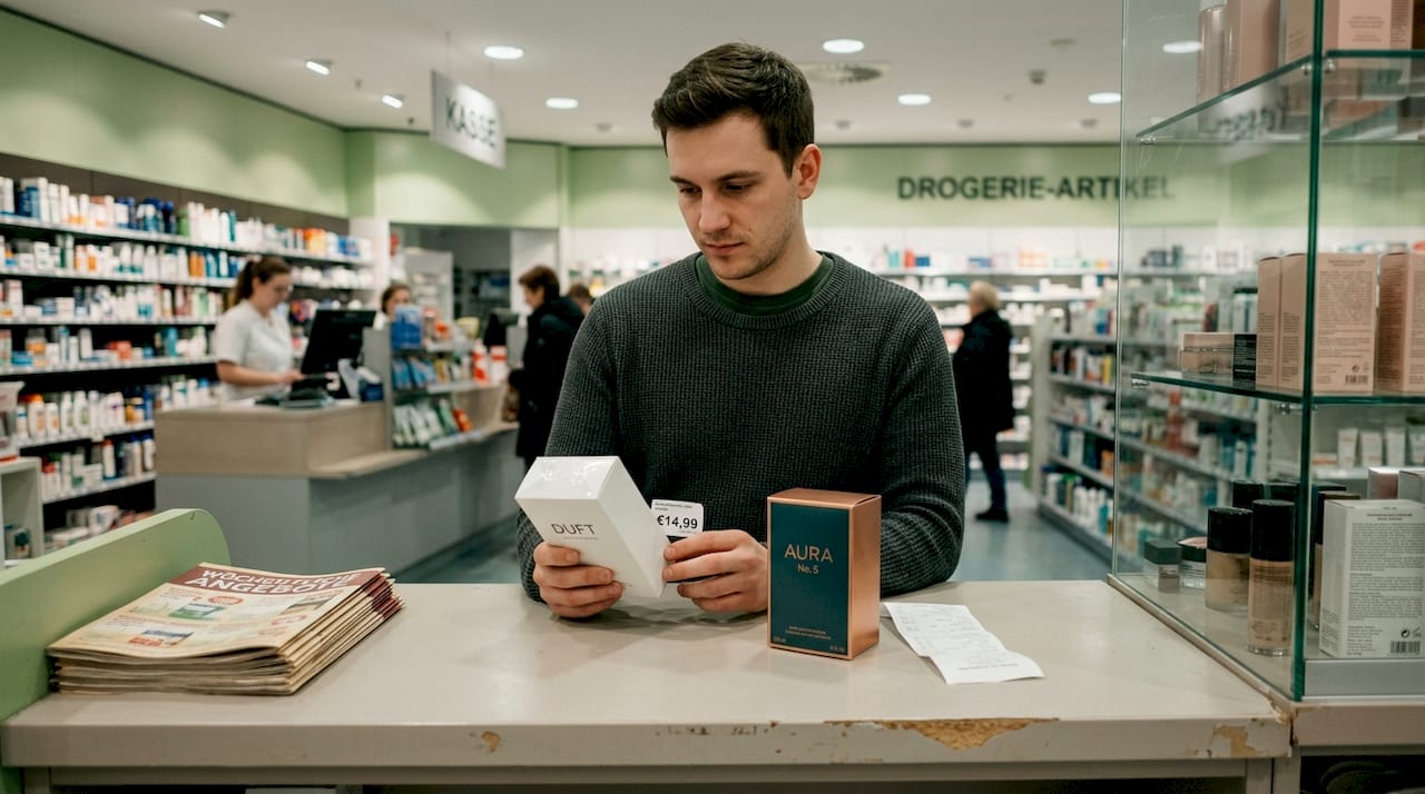 Ein Mann steht an der Kasse und vergleicht die Preise verschiedener Parfums, bevor er sich entscheidet.