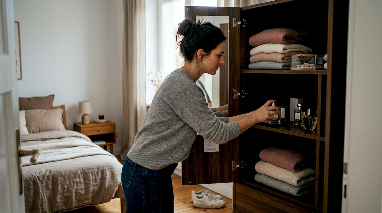 Eine Frau stellt ihr Parfüm in den Kleiderschrank, um ihren Kleidern einen angenehmen Duft zu verleihen.