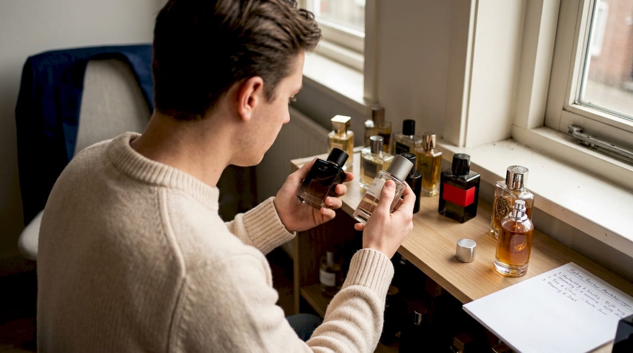 Jonge man beoordeelt verschillende parfumflesjes in zijn slaapkamer