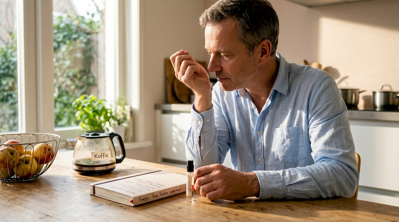 Thuis snuffelt een man aan een parfumstaal op zijn pols