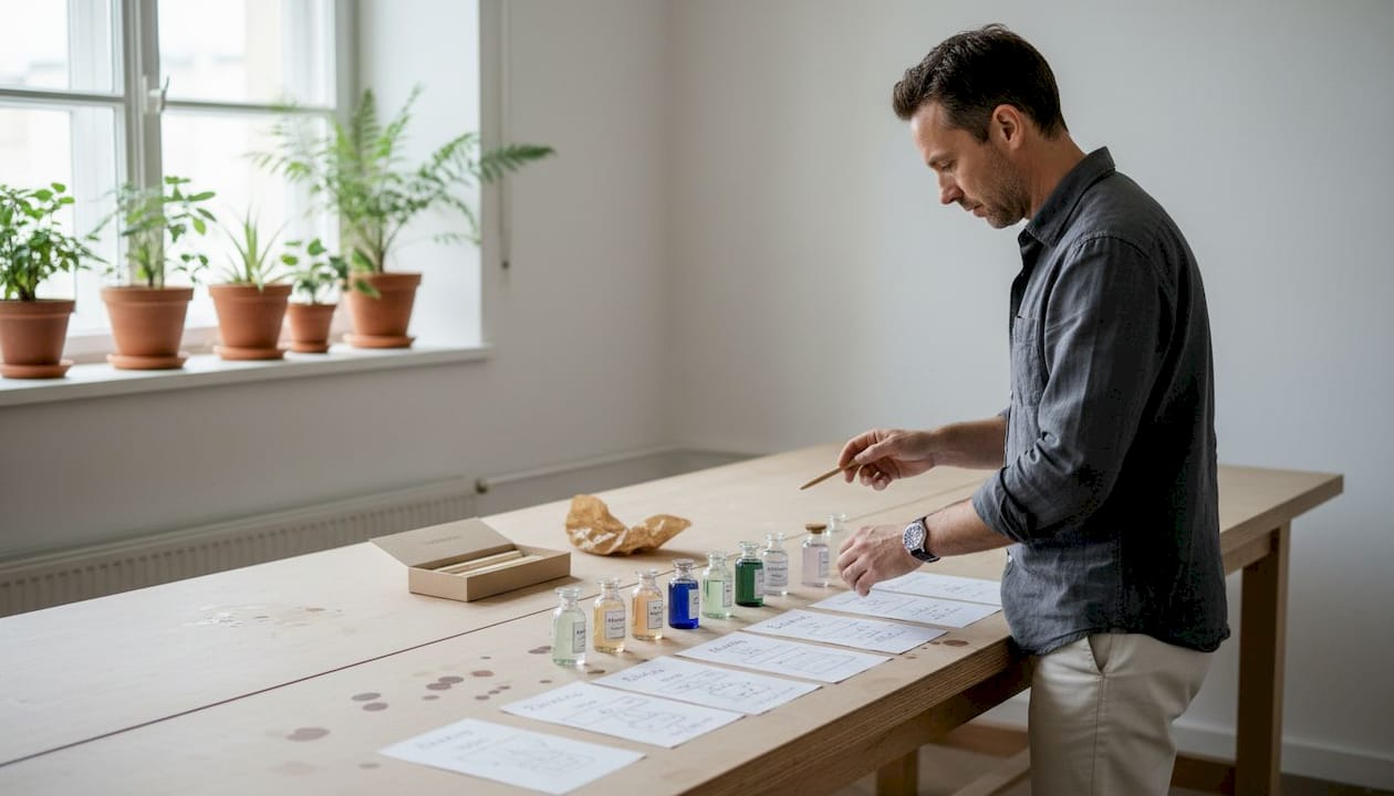 Der Parfümeur ordnet die Flakons nach ihren Duftnoten und schafft so einen übersichtlichen Überblick über die verschiedenen Aromen.