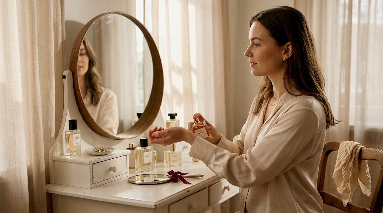Een vrouw brengt parfum aan terwijl ze voor haar kaptafel staat.