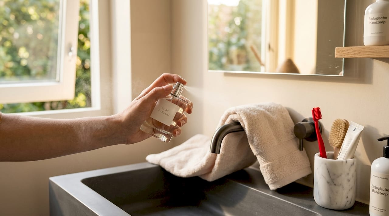 Een hand sprayt parfum in de badkamer.