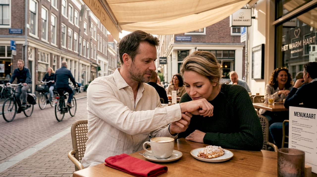 Een man en vrouw proberen samen een parfum uit in een café.
