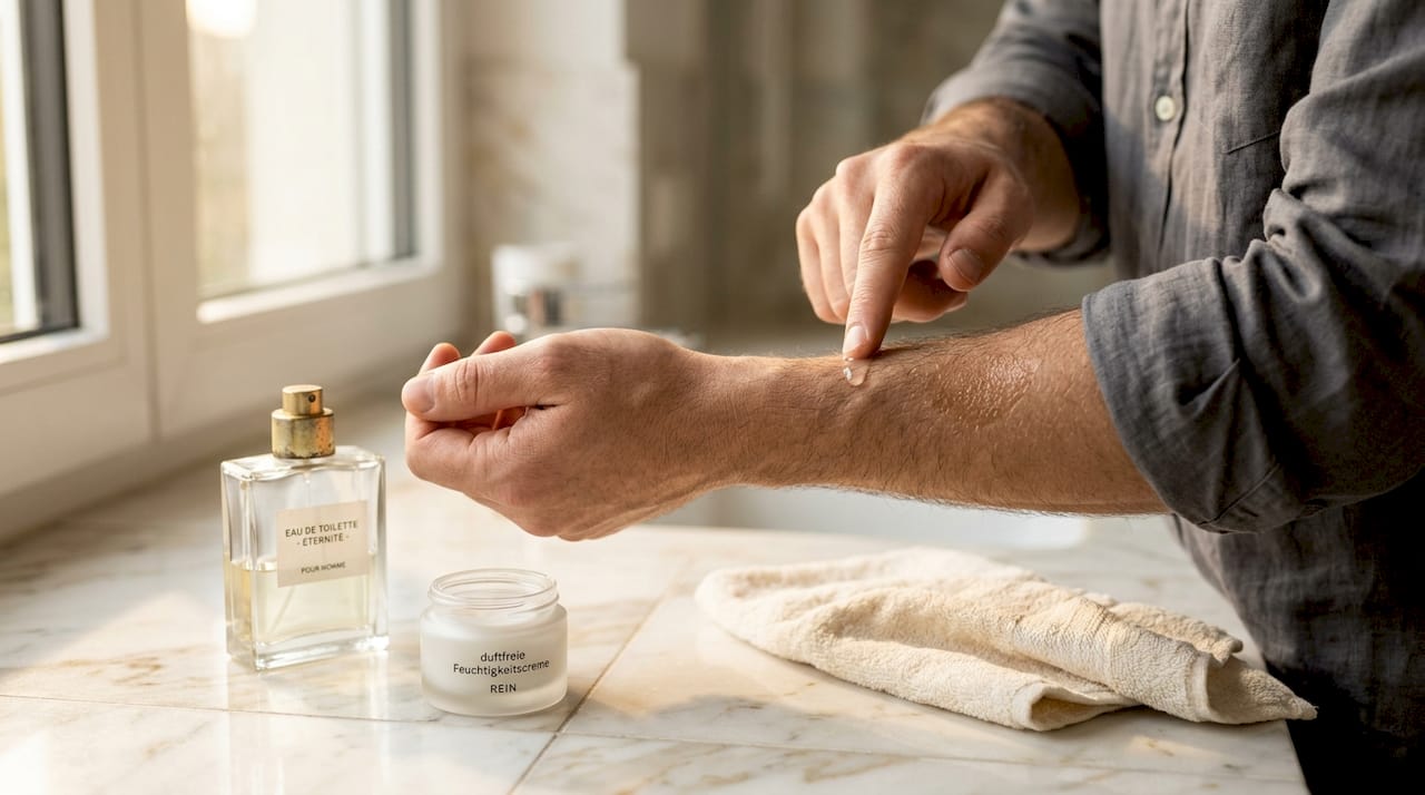 Eine Hand trägt Lotion in der Nähe einer Duftprobe auf.