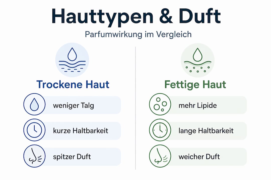 Infografik: Wie sich Parfüm unterschiedlich auf trockener und fettiger Haut entfaltet
