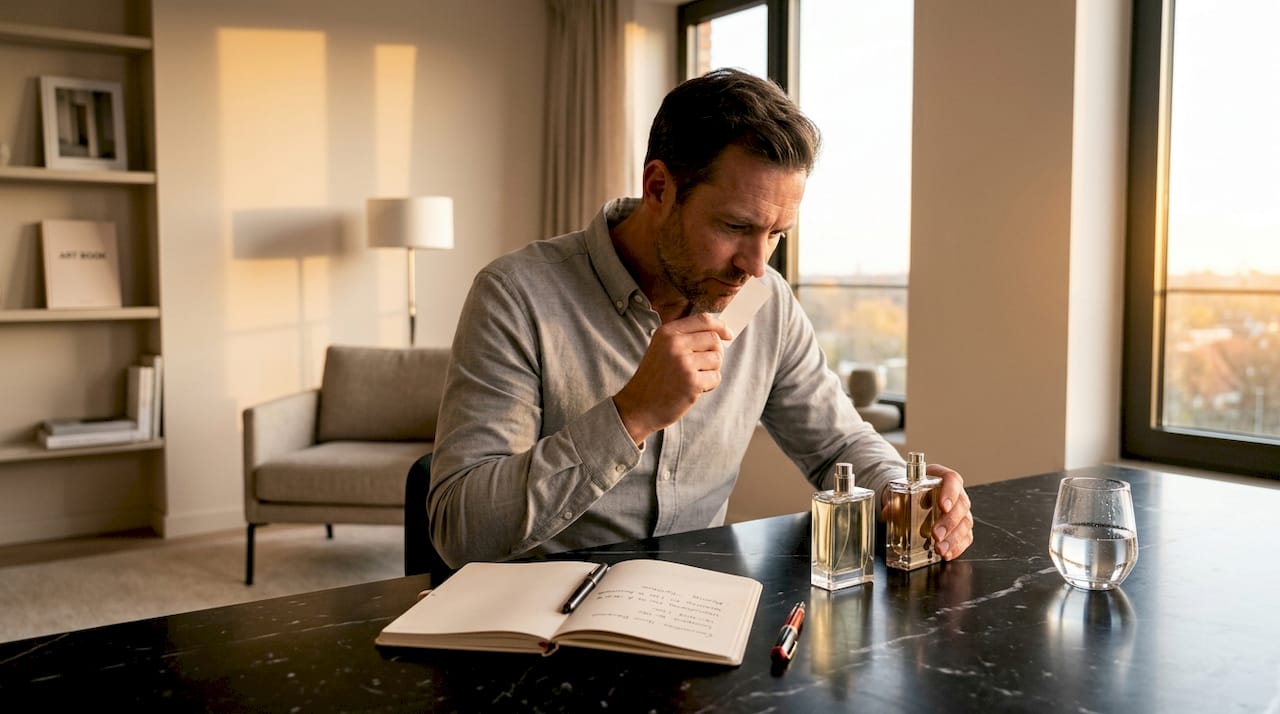 Man bespreekt en vergelijkt parfumflesjes tijdens het eten