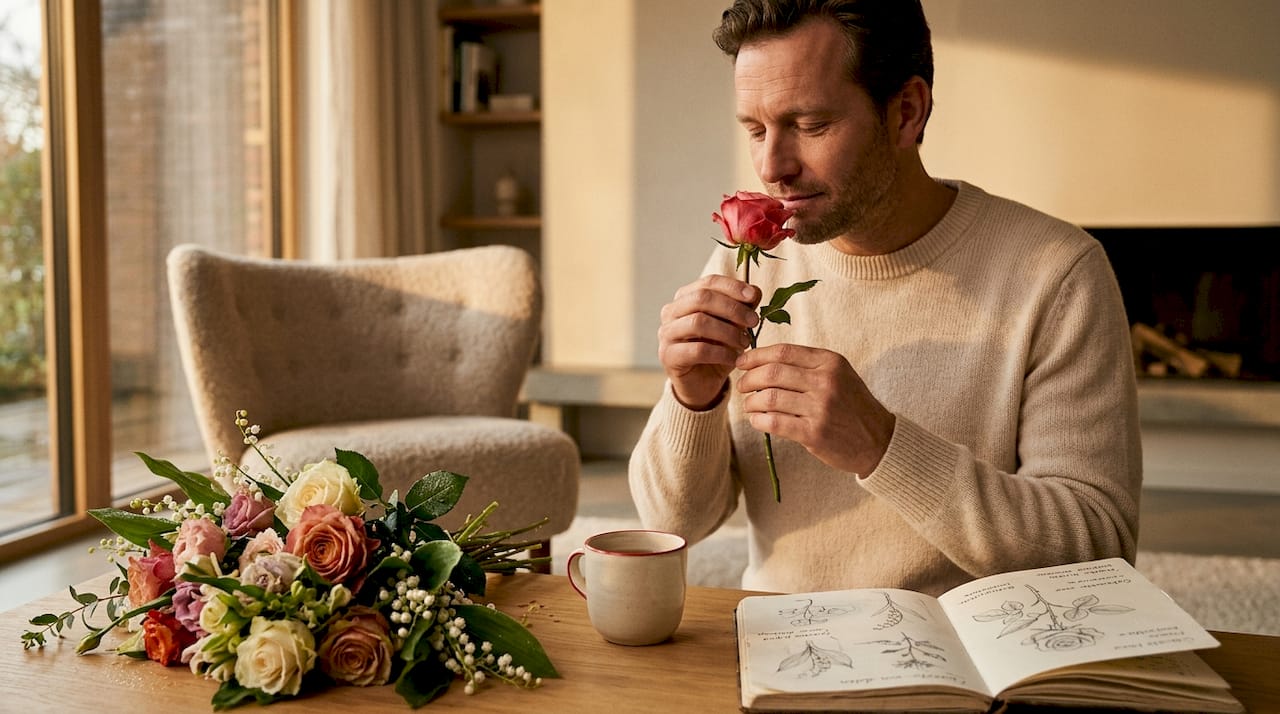 In de keuken staat een man te genieten van de geur van verse bloemen.
