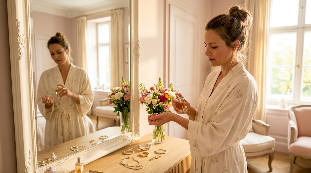 Eine Frau kombiniert am Morgen verschiedene Düfte vor dem Spiegel im Badezimmer, um ihren ganz eigenen Parfum-Look für den Tag zu kreieren.