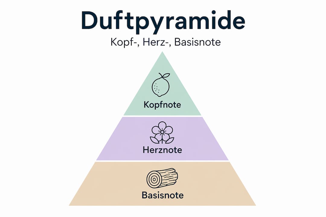 Duftpyramide: Übersicht der Kopf-, Herz- und Basisnoten in einer Infografik
